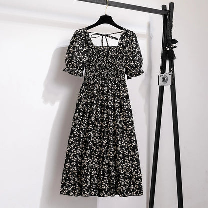 Verão plissado mulheres vestidos de chiffon casual praia férias manga curta gola quadrada mulher midi vestido boêmio mujer vestidos