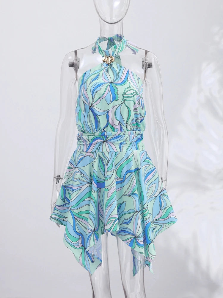 Vestido Feminino Estampado Mini Sem Costas Halter Cintura Alta com Saia Evasê Modeladora Casual Moderno Estilo Urbano