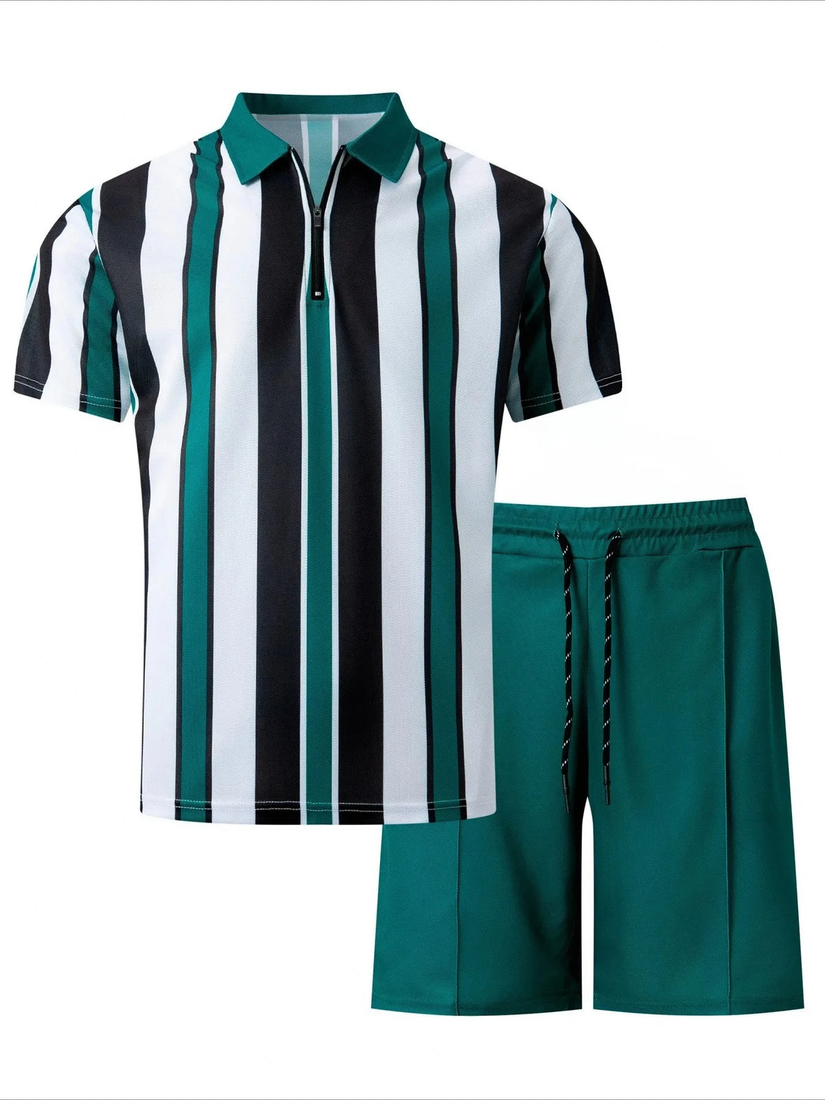 Conjunto de Verão Masculino com Listras, Camiseta de Manga Curta e Calças Curtas em Dois Peças