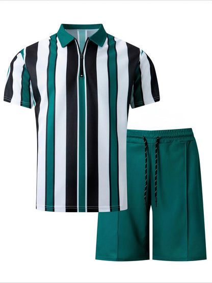 Conjunto de Verão Masculino com Listras, Camiseta de Manga Curta e Calças Curtas em Dois Peças