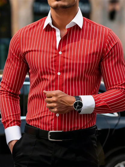 Camisa masculina de manga comprida listrada casual de negócios, design elegante com lapela e emenda de cores contrastantes, top casual masculino.