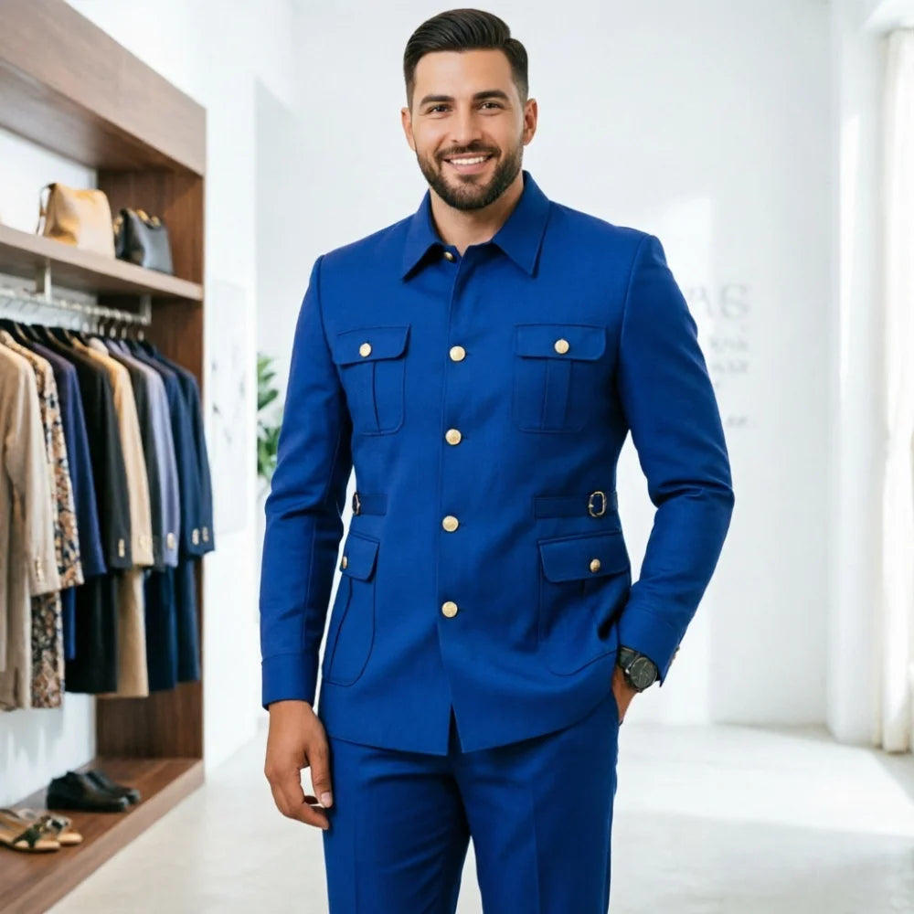 Ternos masculinos pretos, estilo clássico britânico, com botões roxos e dourados, terno safari sob medida, blazer formal para negócios, banquetes, bailes e eventos.