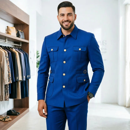 Ternos masculinos pretos, estilo clássico britânico, com botões roxos e dourados, terno safari sob medida, blazer formal para negócios, banquetes, bailes e eventos.
