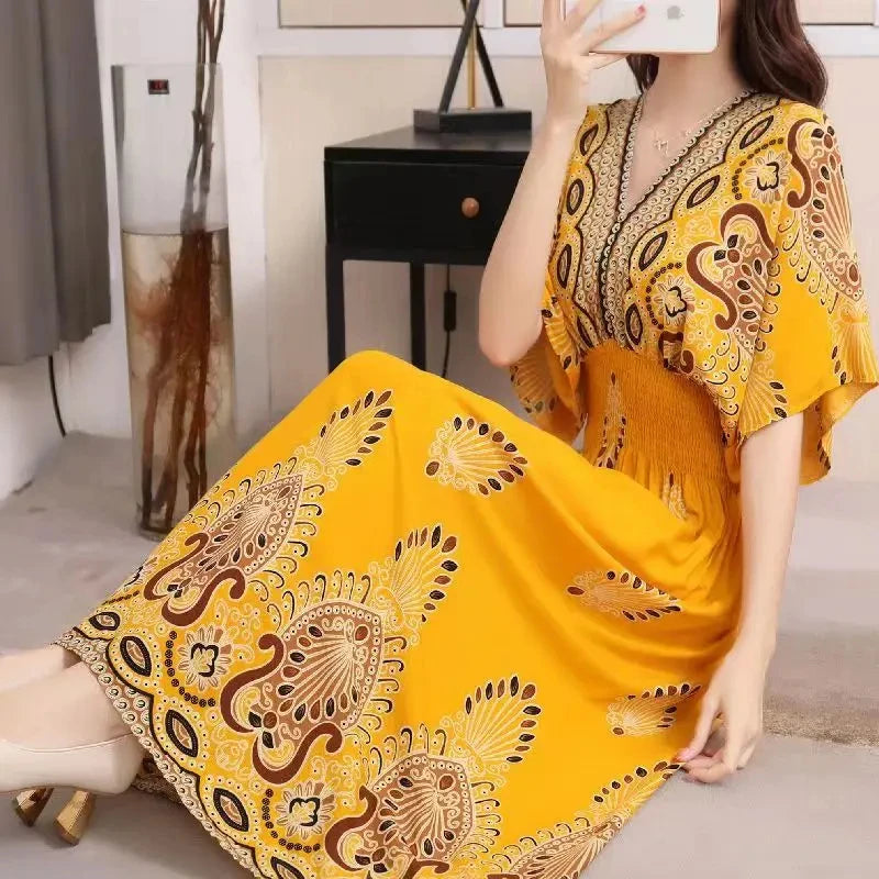 Flor colorida com decote em v elástico jovem boêmio doce midi vestido mulher roupas chique moda vestidos de verão 2025 grande balanço esqui