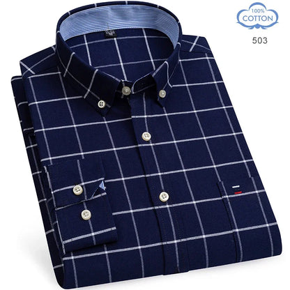 2025 camisa social masculina puro algodão oxford marca de luxo fino macio abotoado xadrez formal trabalho roupas ocidentais