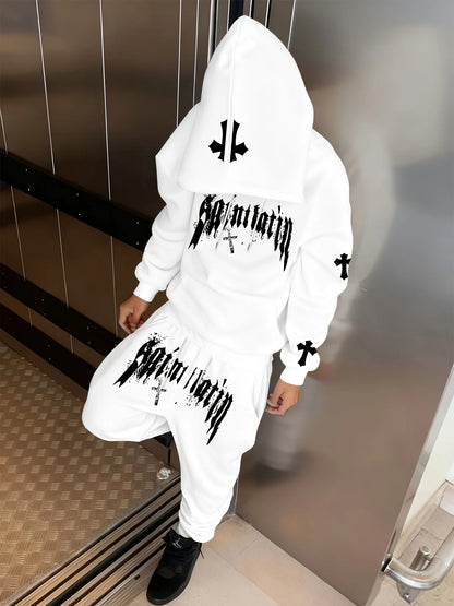 Conjunto de 2 Peças para Homens: Moletom com Capuz e Estampa de Letras, Calças Jogger com Cordão e Bolso, Roupas Casuais para Esportes ao Ar Livre