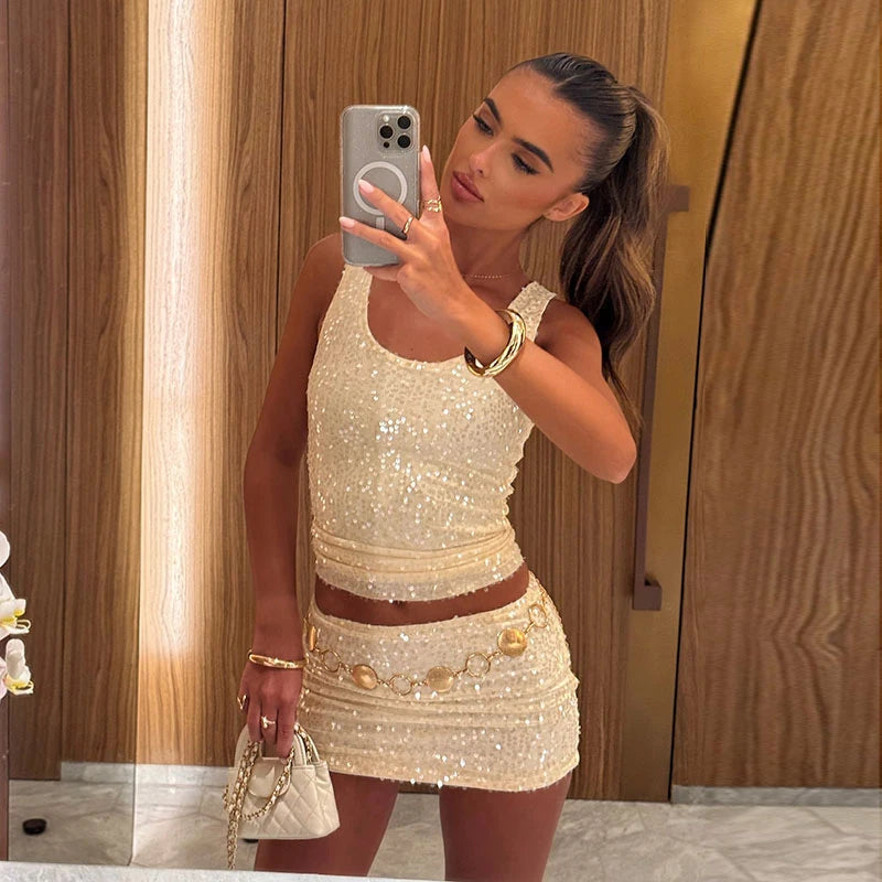 Sexy lantejoulas mini saias define feminino gola quadrada sem mangas estilingue tanque superior hip pacote saia 2025 verão chique y2k outfits senhora