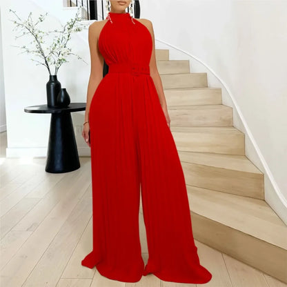 CPSYMYM Sexy Halter Sleeveless Women's Reunion Romper Summer New Female Elegant Pleated Waist Belted Wide Leg Jumpsuit Pants