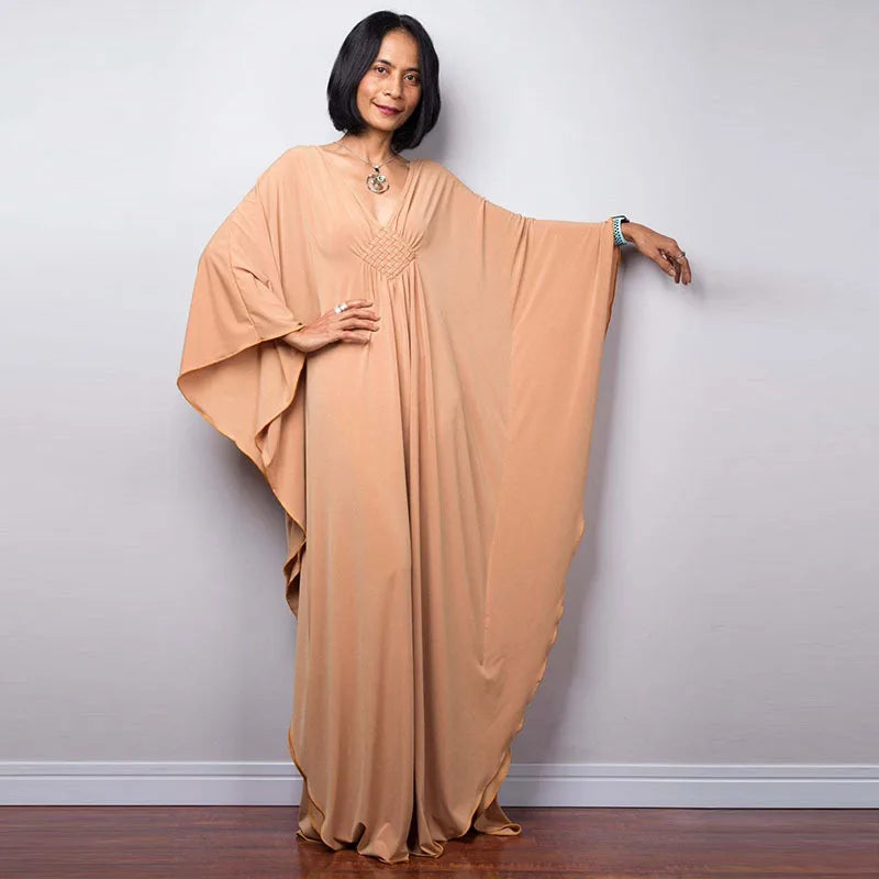 Vestidos Kaftan de Praia Plus Size para Mulheres, com Decote em V e Manga Morcego, em Cores Sólidas, Roupas de Lazer