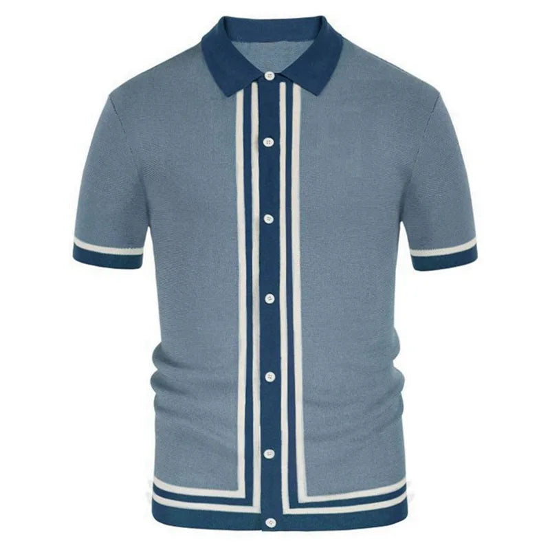 Novo verão camiseta masculina 2024 manga curta lapela listra impressão botão listra camisa polo moda pulôver topos
