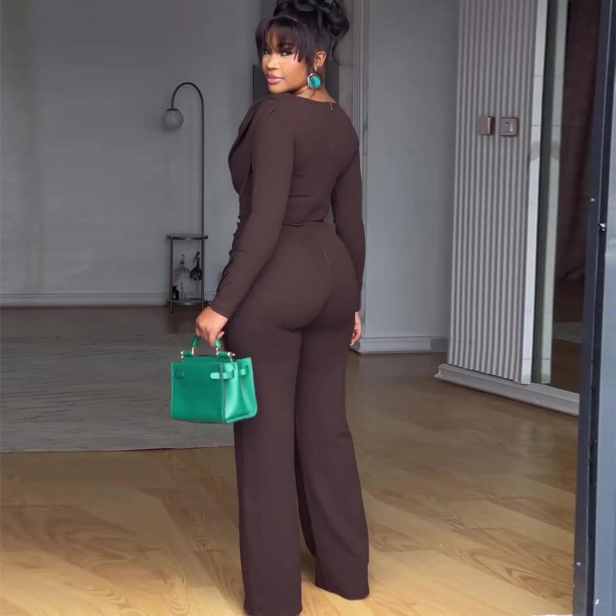 Gola de balanço ruched macacão manga longa sólido elegante senhora do escritório assimétrico bainha casual vintage ruched magro macacão outono