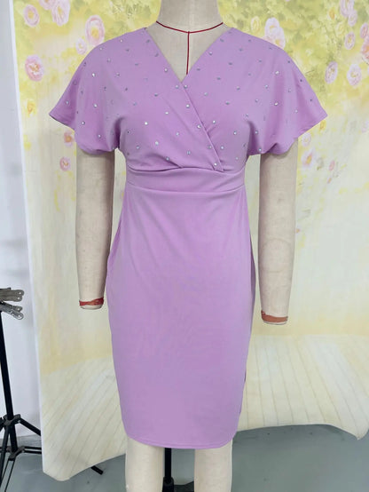 Vestido Elegante de Primavera e Outono com Estilo Hot Diamond, Sem Alças, Decote em V e Manga Curta para Mulheres, Vestidos de Mulheres, Robes Longues