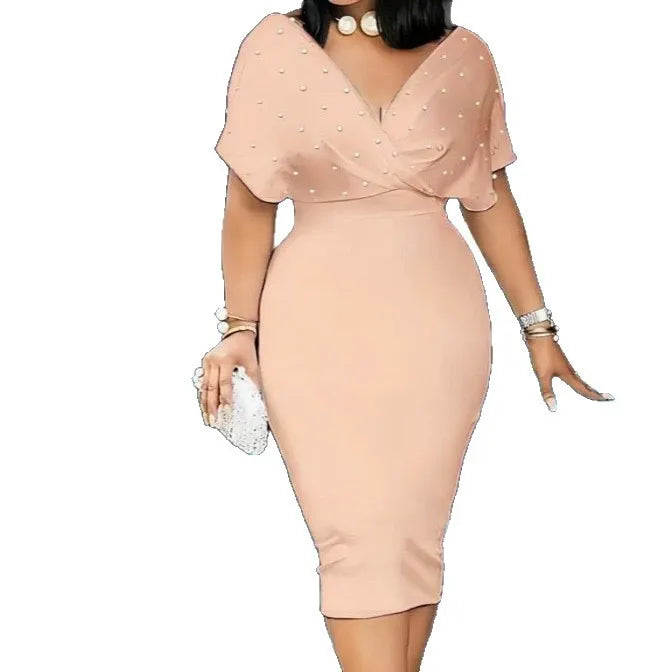 Vestido Elegante de Primavera e Outono com Estilo Hot Diamond, Sem Alças, Decote em V e Manga Curta para Mulheres, Vestidos de Mulheres, Robes Longues