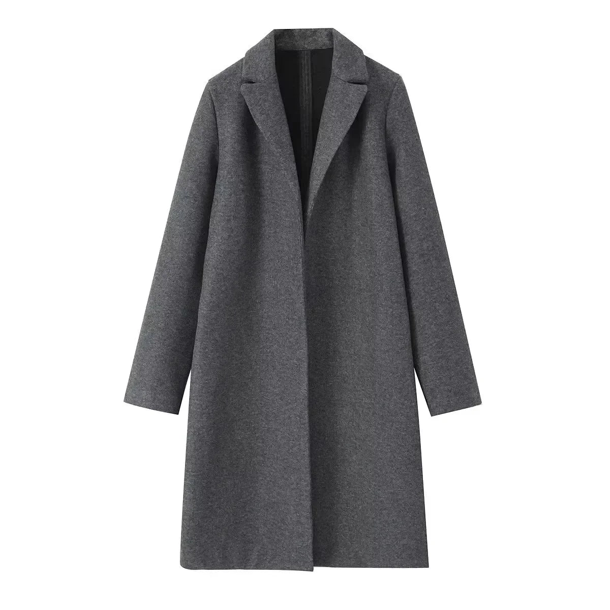 Casaco feminino de lã, modelo trench coat longo, liso, com costura aberta, decote em V vintage e mangas compridas. Ideal para um look feminino elegante.