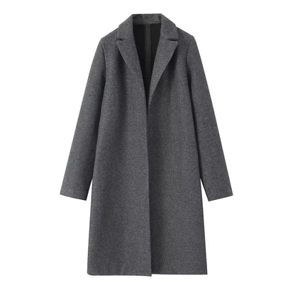Casaco feminino de lã, modelo trench coat longo, liso, com costura aberta, decote em V vintage e mangas compridas. Ideal para um look feminino elegante.