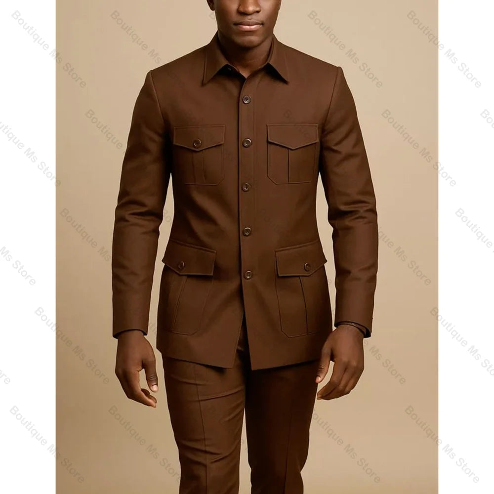 Terno Masculino Marrom de Quatro Bolsos com Lapela Pontiaguda, Casual de Negócios, Formal, Slim Fit, Conjunto de 2 Peças (Jaqueta e Calça)