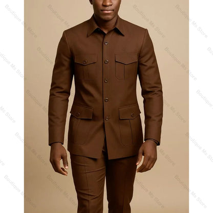 Terno Masculino Marrom de Quatro Bolsos com Lapela Pontiaguda, Casual de Negócios, Formal, Slim Fit, Conjunto de 2 Peças (Jaqueta e Calça)