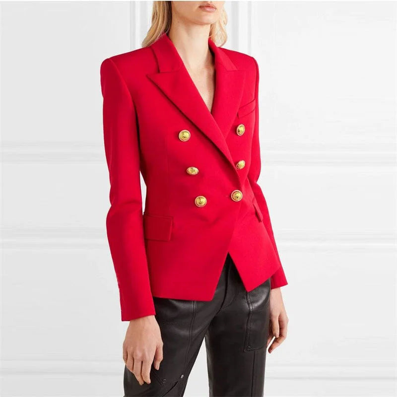 Blazer feminino de alfaiataria, modelo slim, estilo europeu/americano, para primavera/outono, com abotoamento duplo.