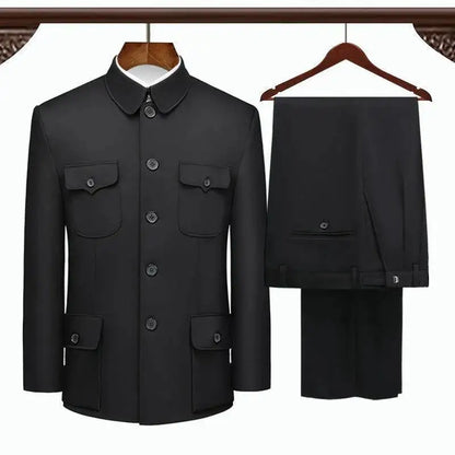 Túnica chinesa terno primavera outono idosos mais recentes casaco calça projetos de duas peças dos homens formal wear pai roupas azul dupla camada
