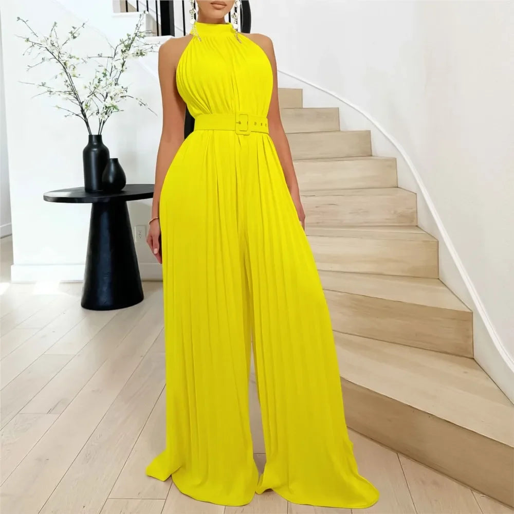 CPSYMYM Sexy Halter Sleeveless Women's Reunion Romper Summer New Female Elegant Pleated Waist Belted Wide Leg Jumpsuit Pants