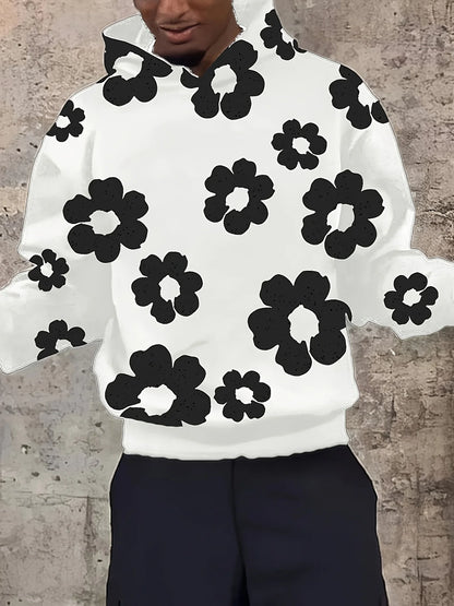 Men'S Casual Black Hoodie with White Floral Print Trendy Long Sleeve Pullover Regular Fit Slight Stretch Fabric Y2K Streetwear