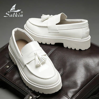 Novos Sapatos de Couro Designer Masculinos Slip On Loafers com Franjas Confortáveis para Negócios e Lazer ao Ar Livre com Solado Grosso