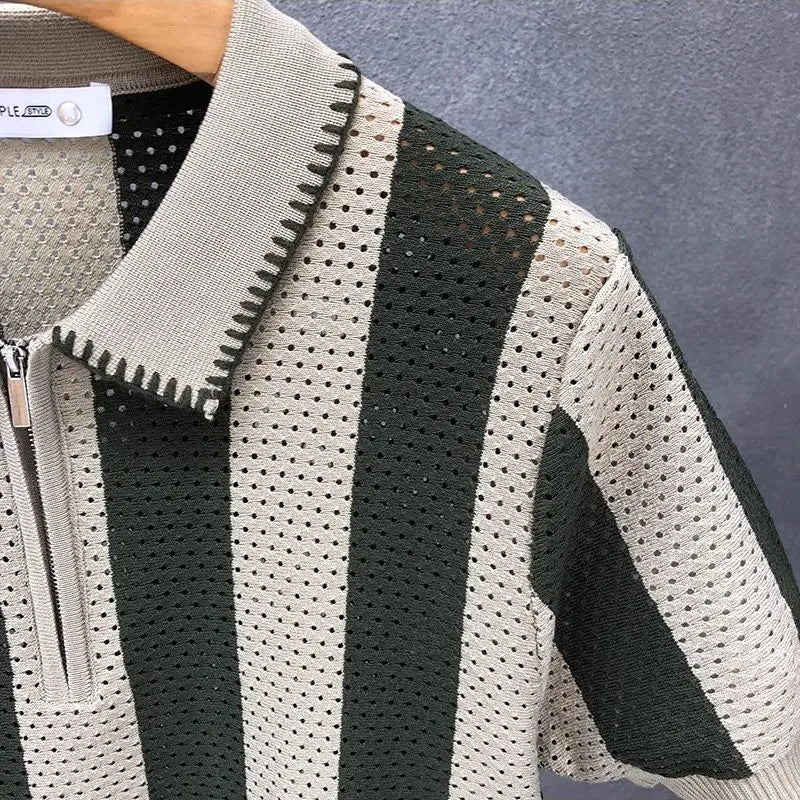 Short-sleeved striped Korean-style fitted polo collar casual new men's t-shirt