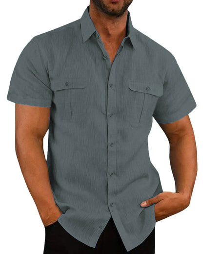 Camisa masculina de manga curta, cor sólida, moderna, com dois bolsos no peito, ideal para o verão. Cardigã casual para uso externo.
