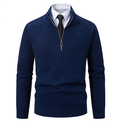 Suéter Masculino de Tricô com Meio Zíper, Gola Alta, Bordado, Casual, Moderno, Inverno, Grosso, Fibra de Poliéster, Manga Longa