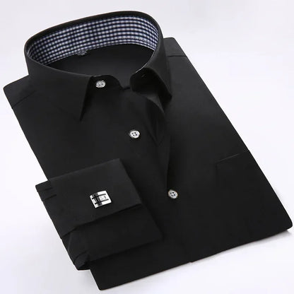 Quality French Cufflinks Shirt Men's Long Sleeve Tuxedo Male Brand Slim Fit White Button Cuff Social Men Dress Shirts