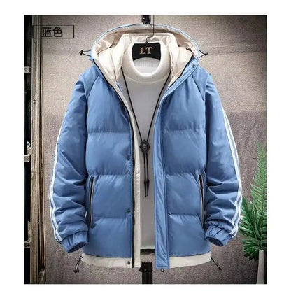 Jaqueta masculina listra moda cor combinando quente grosso high street com capuz zíper algodão-acolchoado casaco oversize cordão parka casaco