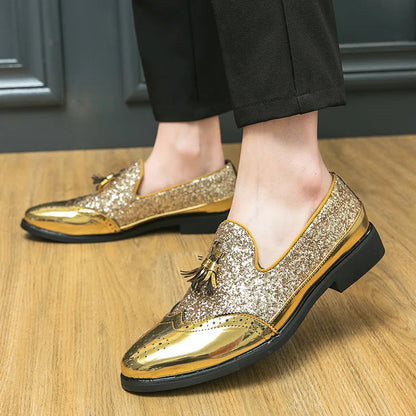 Sapatos sociais masculinos com glitter dourado, sapatos formais de marca, couro italiano, moda de luxo, casamento, sapatos oxford, tamanho grande 38- 47