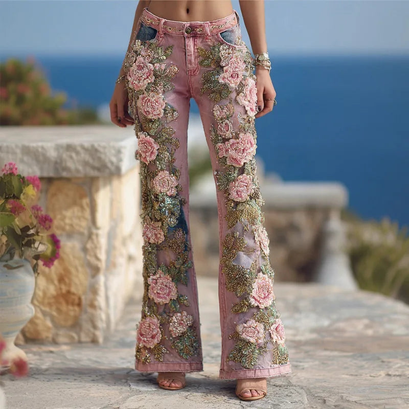 Novas Calças Jeans Flare Femininas com Estampa Digital 3D, Cintura Alta, Ajuste Slim, Denim Elástico, Estilo Casual e Moderno para Uso Diário