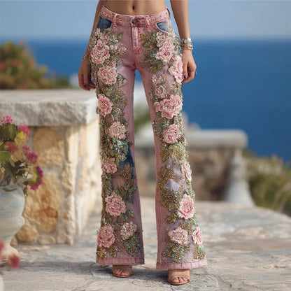 Novas Calças Jeans Flare Femininas com Estampa Digital 3D, Cintura Alta, Ajuste Slim, Denim Elástico, Estilo Casual e Moderno para Uso Diário