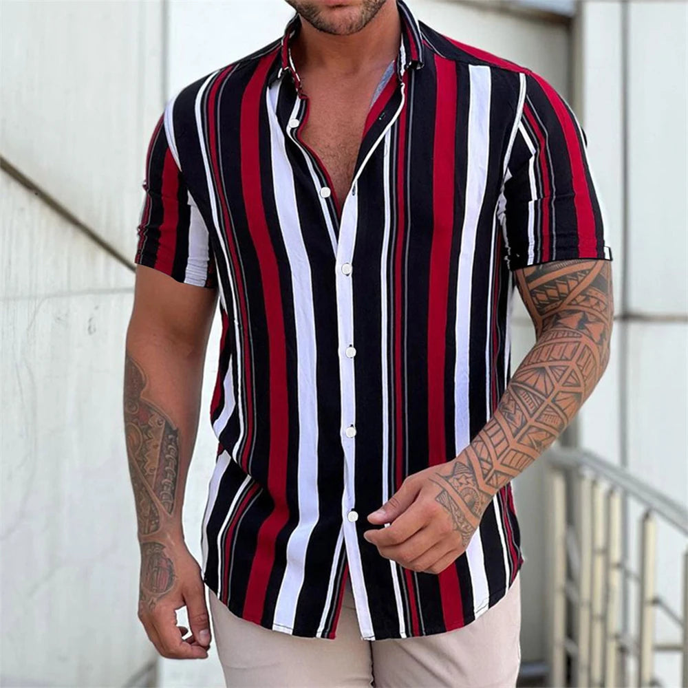 Camiseta listrada de manga curta com botão havaiano masculina, blusa xadrez, roupa de praia vermelha, camisa preta e branca, roupas masculinas, verão