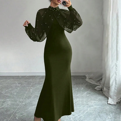 Vestido Formal Elegante de Manga Longa Estilo Sereia com Contas e Saia de Veludo Brilhante para Mulheres, Estilo Chic e Elegante