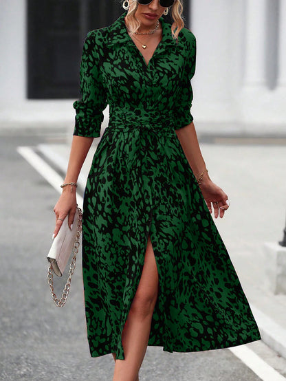 Elegante impressão aleatória botão para baixo camisa vestido feminino manga longa com cinto cintura midi vestido primavera outono escritório vestido casual