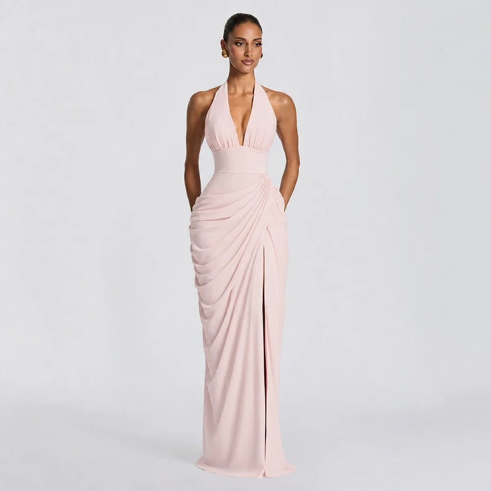 Vestido Maxi Elegante Liso com Decote Halter e Pregas, Decote V Profundo, Sem Mangas, Franzido, com Fenda Alta, para Mulheres,  Vestidos de Festa Noturna
