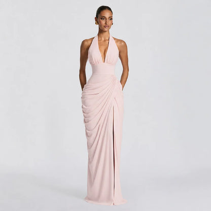 Vestido Maxi Elegante Liso com Decote Halter e Pregas, Decote V Profundo, Sem Mangas, Franzido, com Fenda Alta, para Mulheres,  Vestidos de Festa Noturna