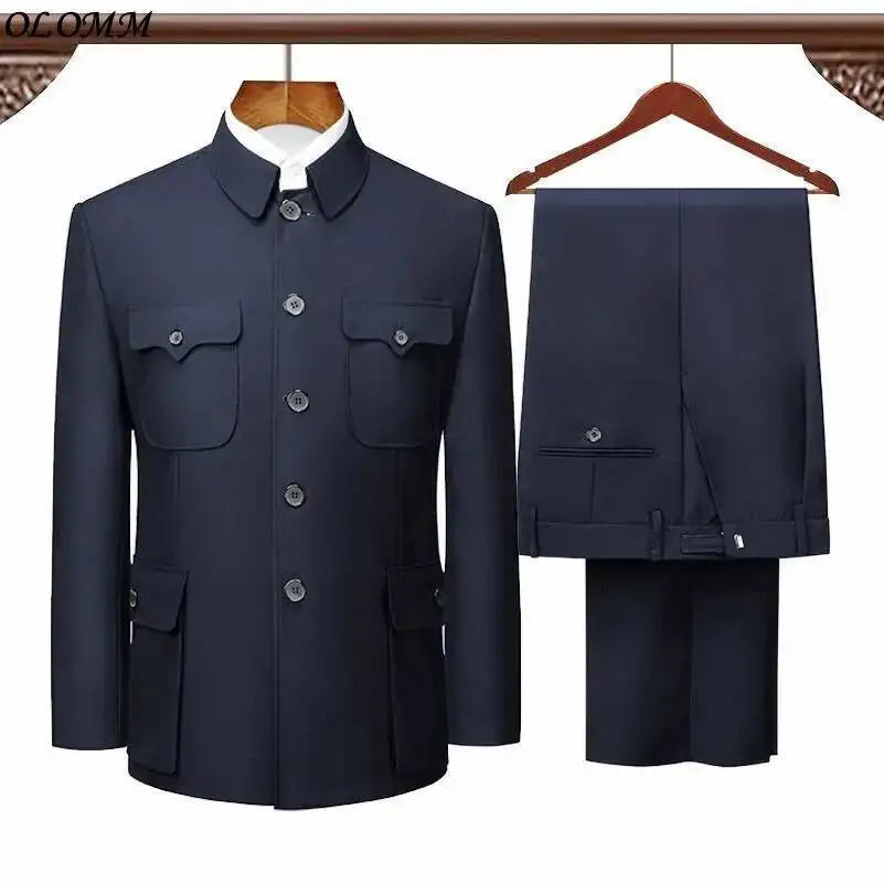 Túnica chinesa terno primavera outono idosos mais recentes casaco calça projetos de duas peças dos homens formal wear pai roupas azul dupla camada