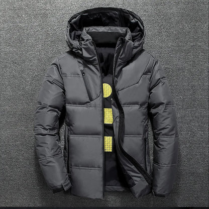 Inverno quente jaqueta masculina casaco casual outono gola puffer chapéu grosso pato branco parka masculino inverno para baixo jaqueta com capuz
