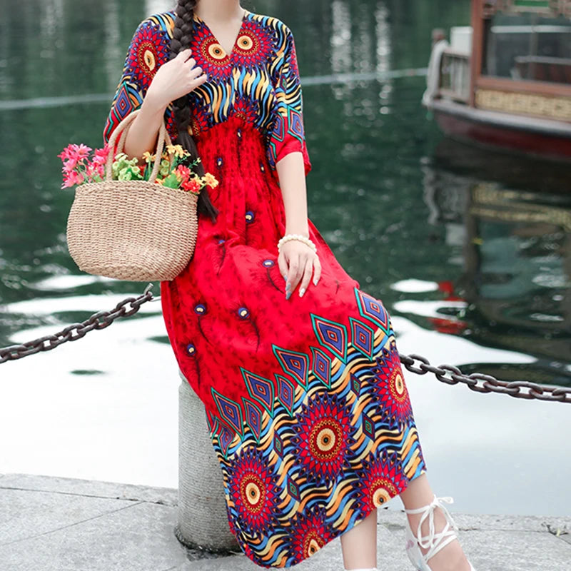 Flor colorida com decote em v elástico jovem boêmio doce midi vestido mulher roupas chique moda vestidos de verão 2025 grande balanço esqui