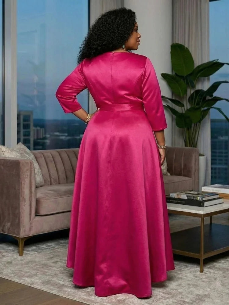 Vestido de Cetim Plus Size com Manga 3/4, Cinto na Cintura e Barra Assimétrica para Ocasiões Formais Femininas - Nova Chegada