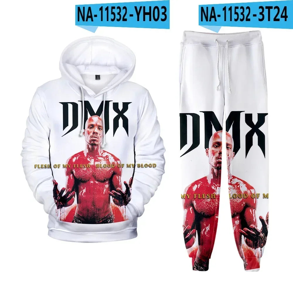 Hip hop rapper dmx impressão 3d conjuntos de treino masculino moda terno esportivo moletom com capuz + moletom roupas masculinas 2 peças conjunto