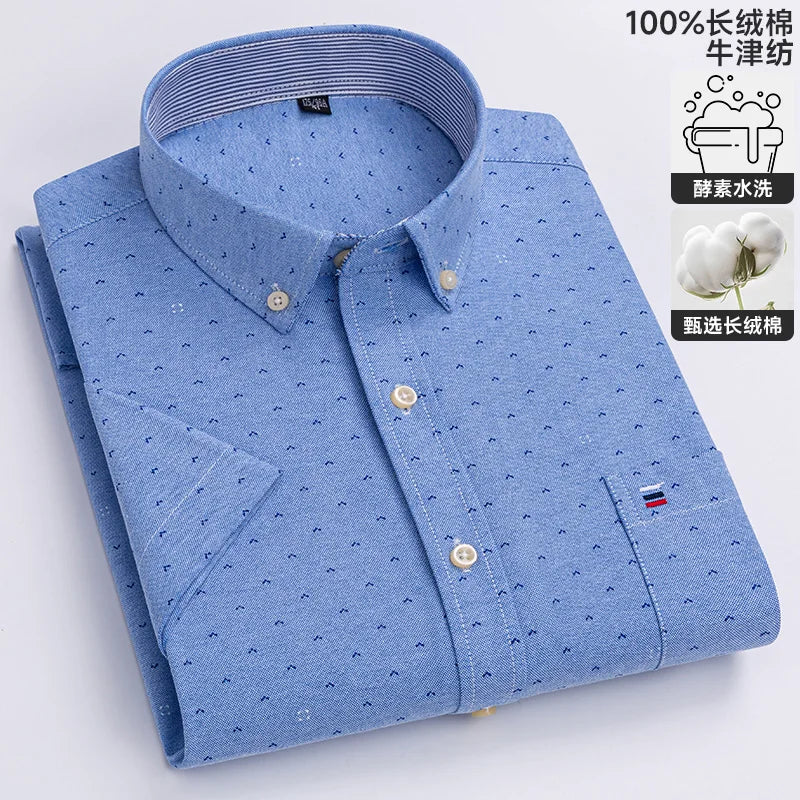 100% algodão puro oxford camisas masculinas manga curta xadrez macio regular ajuste formal vestido camisa blusa social roupas masculinas 6xl 7xl