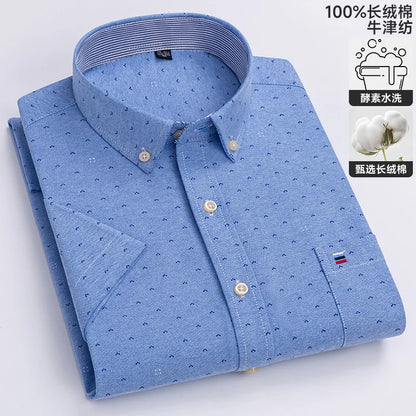 100% algodão puro oxford camisas masculinas manga curta xadrez macio regular ajuste formal vestido camisa blusa social roupas masculinas 6xl 7xl