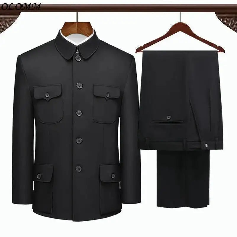 Túnica chinesa terno primavera outono idosos mais recentes casaco calça projetos de duas peças dos homens formal wear pai roupas azul dupla camada