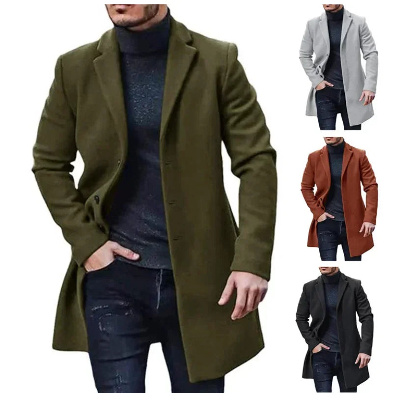 Novo Casaco Masculino de Lã, Sobretudo Corta-Vento, Trench Coat, Cor Sólida, Casaco de Outono e Inverno, Cardigã, Jaqueta Masculina