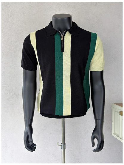 Camisas Polo Tricotadas Listradas Coreanas para Homens, T-shirt Casual com Zíper Lateral, Manga Curta, Estilo Empresarial e Social