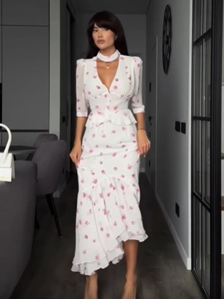 Vestido Midi Plissado com Decote em V e Cintura Marcada, Manga Curta com Lapela, Cintura Alta, Elegante, Novo, Feminino, Verão